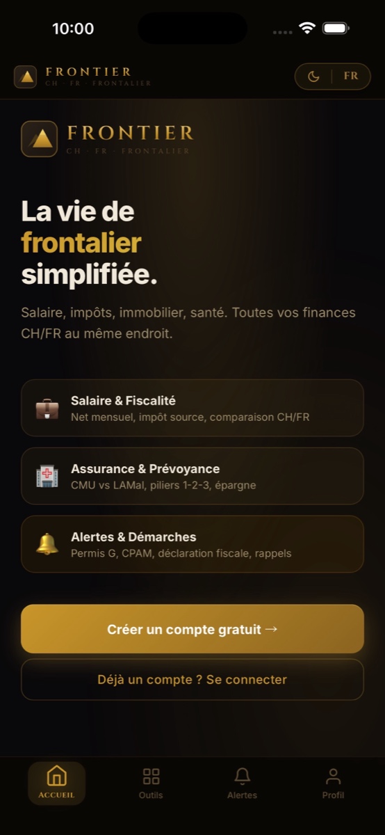 Tableau de bord de l'application Frontier