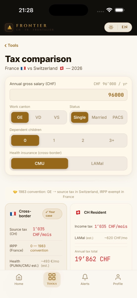 France vs Switzerland tax comparison in the Frontier app