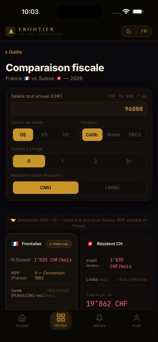 Comparaison fiscale France vs Suisse dans l'app Frontier