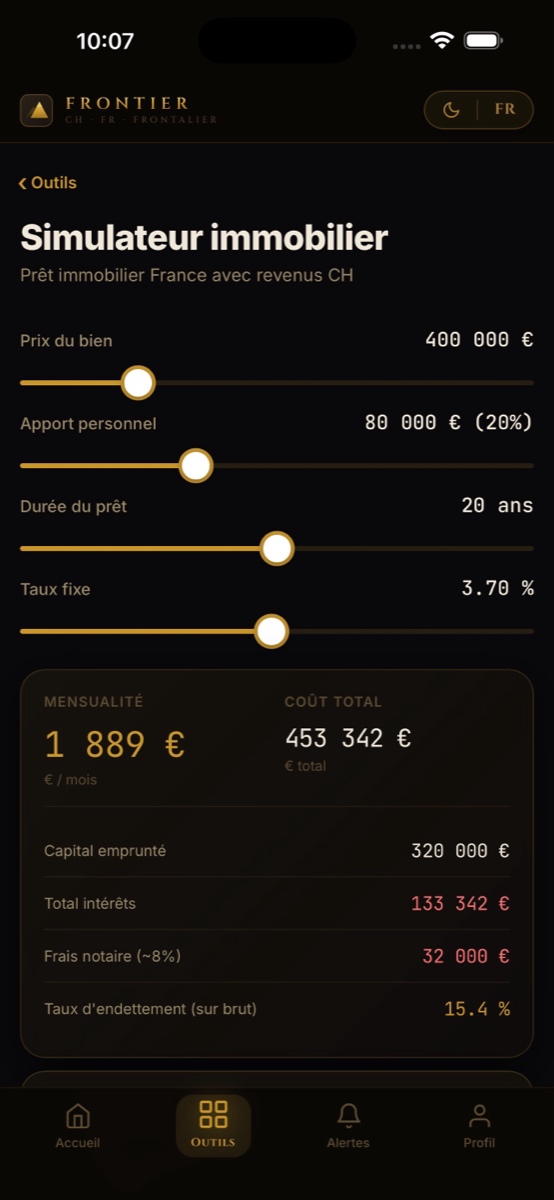 Simulateur immobilier de l'app Frontier