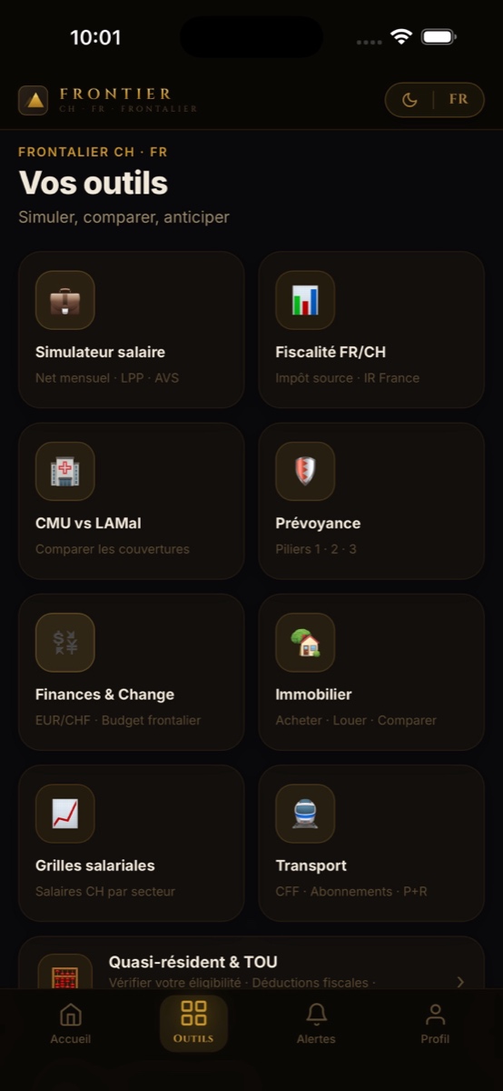Grille des outils de l'app Frontier